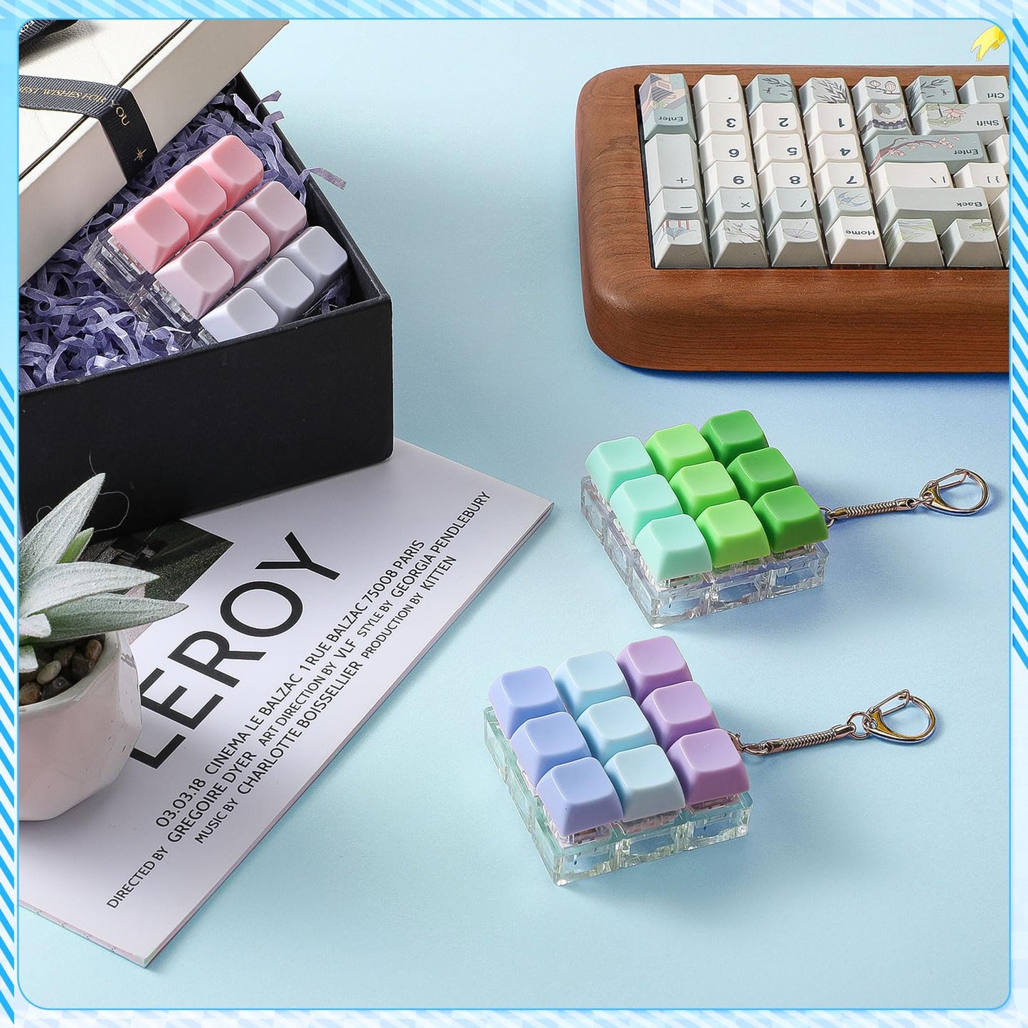 Halloscume 3 Pcs Keyboard Adult Fidget Clicker 9-in-1keyboard Fidget Keychain Cube Mechanical Key Button Clicker Stress Relief Gift for Office Home to Pass The Time (Gradient Colors)