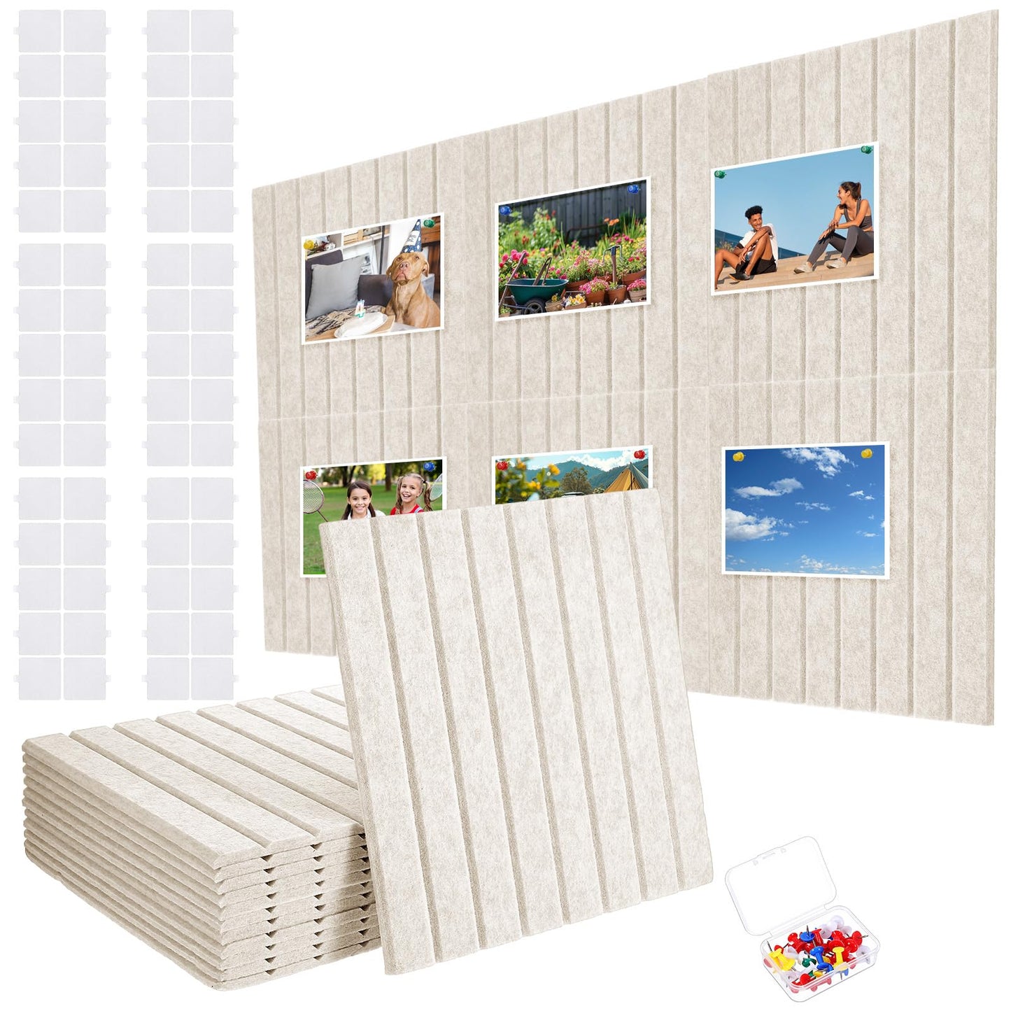 Kuyeyzu 12 Pack Felt Slatted Bulletin Board 11.8x11.8 Inches Alternative to Cork Boards for Walls with 60 Adhesive Tabs and Pushpins for Office Home Room Decor