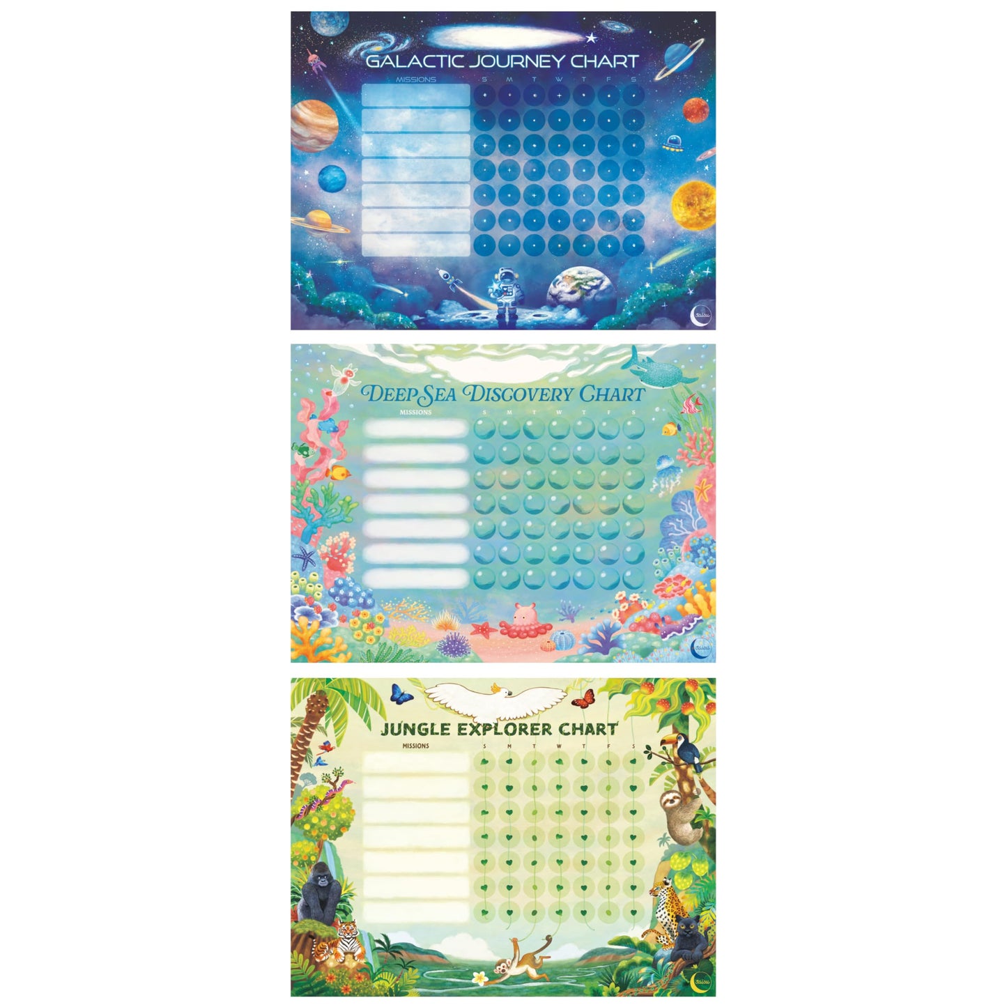 Kids Chore & Routine Reward Chart Set – 3 Themed 7-Day Charts with 147 Stickers (Space, Ocean, Jungle) – Gentle Behavior & Goal Tracker by Saisu – Ages 3+