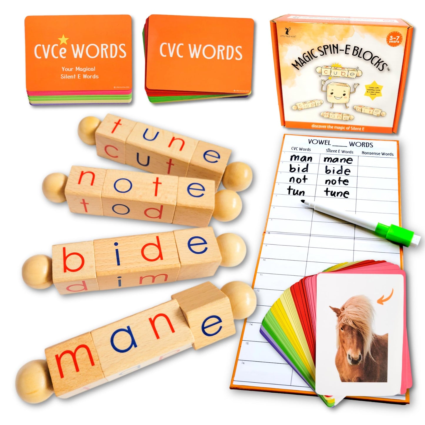 LITTLE BUD KIDS Magic Spin-E Blocks - A Silent E Phonics Toy & Montessori CVCe Reading Blocks for Kids Ages 4–7