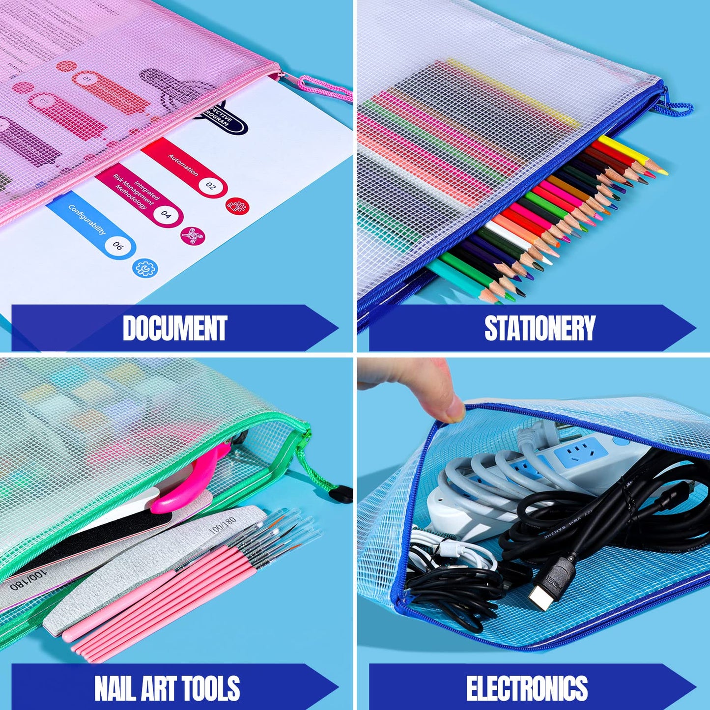 LEOBRO 20PCS Zipper Pouch, A4 Mesh Zipper Pouch Bags, Waterproof Bag, Mesh Bags for Classroom Organization, Toy Storage, School Supplies, Travel Essentials, File Jackets & File Pockets