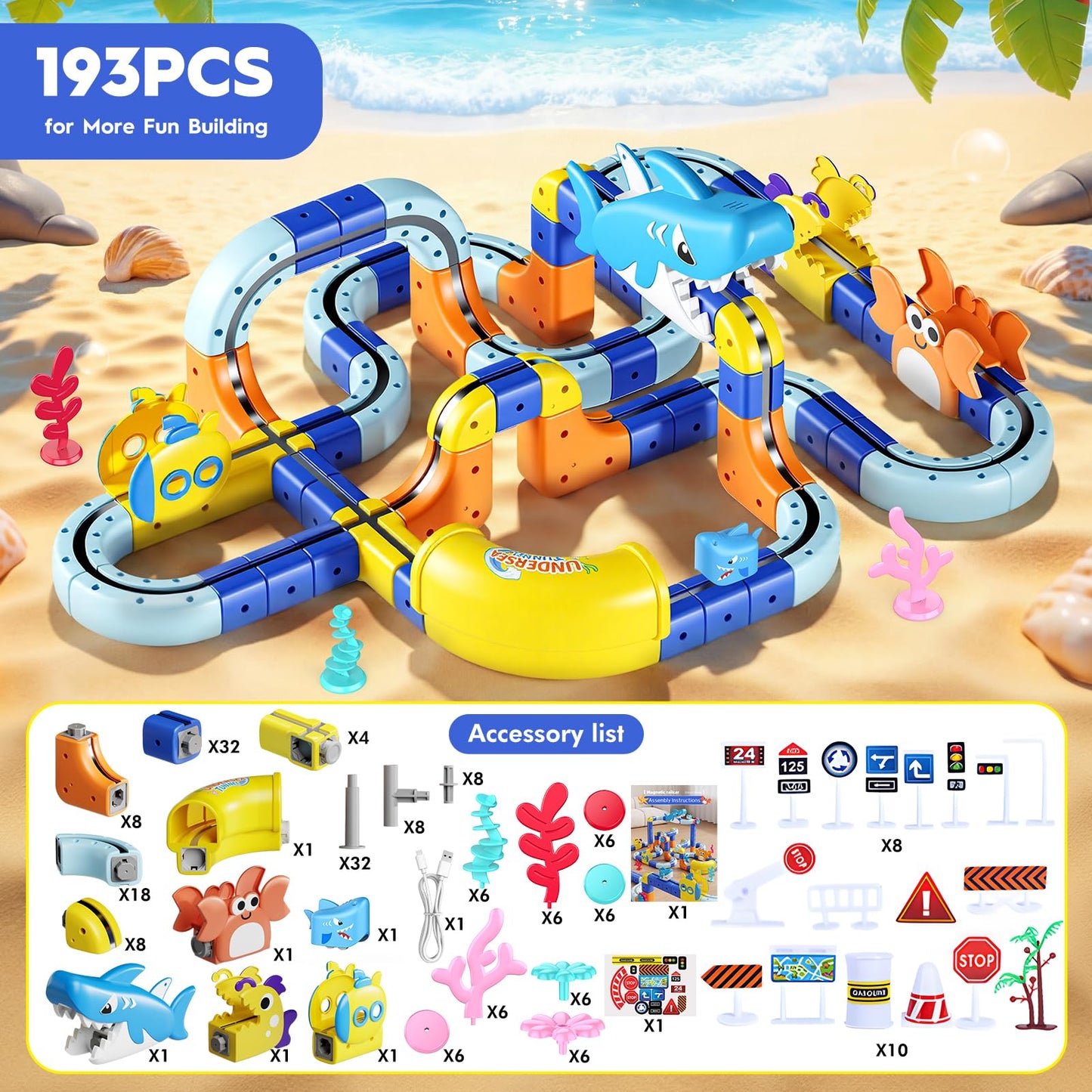 SnapGlowz 193PCS Magnetic Train Set: Shark Toys 3D Infinity Racer Electric Train Set for Kids Flexible Cube Rail Train Track with Anti-Gravity Train STEM Toys Gifts for 3 4 5 6 7 8 Year Old Boys Girls
