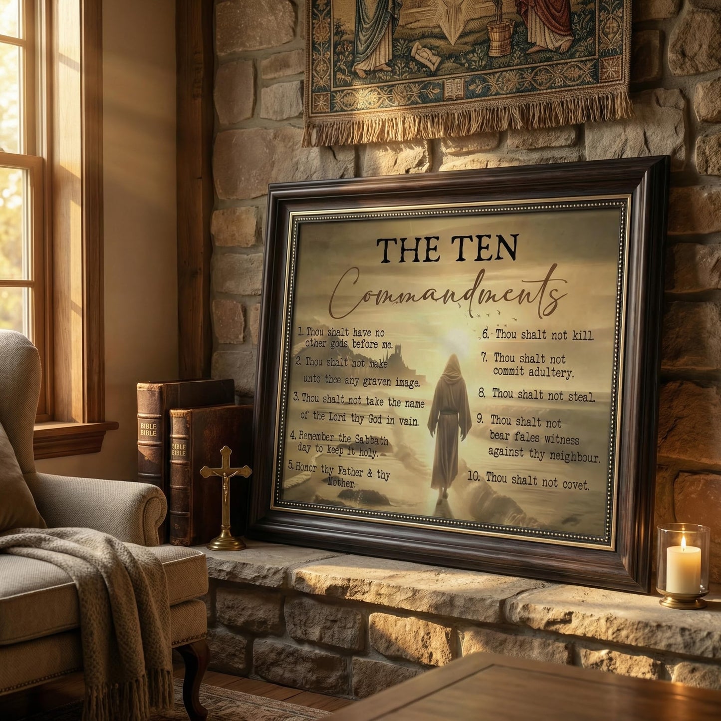 Dark Brown Framed The Ten Commandments Canvas Wall Art Jesus Christ Wall Decor Picture Christian Inspirational Quotes Poster Print Painting for Church Living Room Bedroom Home Decoration
