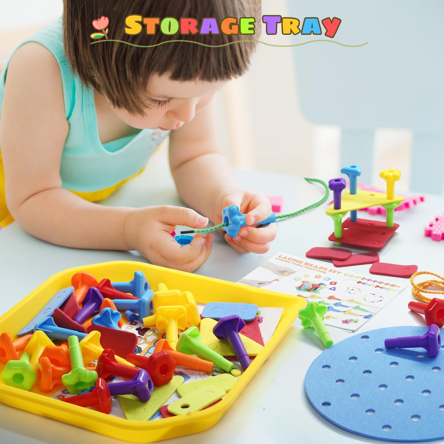 Ggiibro Peg Board Toy Set 101Pcs DIY Building Stacking Toys for Kids 3-6 Years Old,STEM Educational Kids Toy for Brain Development,Montessori Sensory Toys,Plastic Lacing String Game