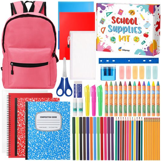Gilprop 79 Pcs Back to School Supplies Box for Kids K-5 Students Elementary Middle School Supplies Kit Bundle Bulk Essential Pen Notebook Stationery for Primary Student Classroom(Pink)