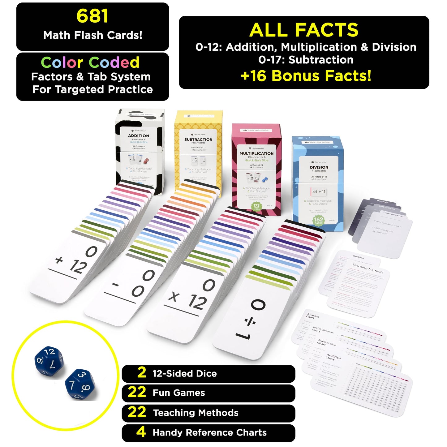 Award-Winning Math Flash Cards – 681 Addition, Subtraction, Multiplication & Division Facts (0–12) – 1 Fact & Visual Aid Per Card (Jumbo Size) 2 Dice, Games, Teaching Methods & Mastery Divider Tabs