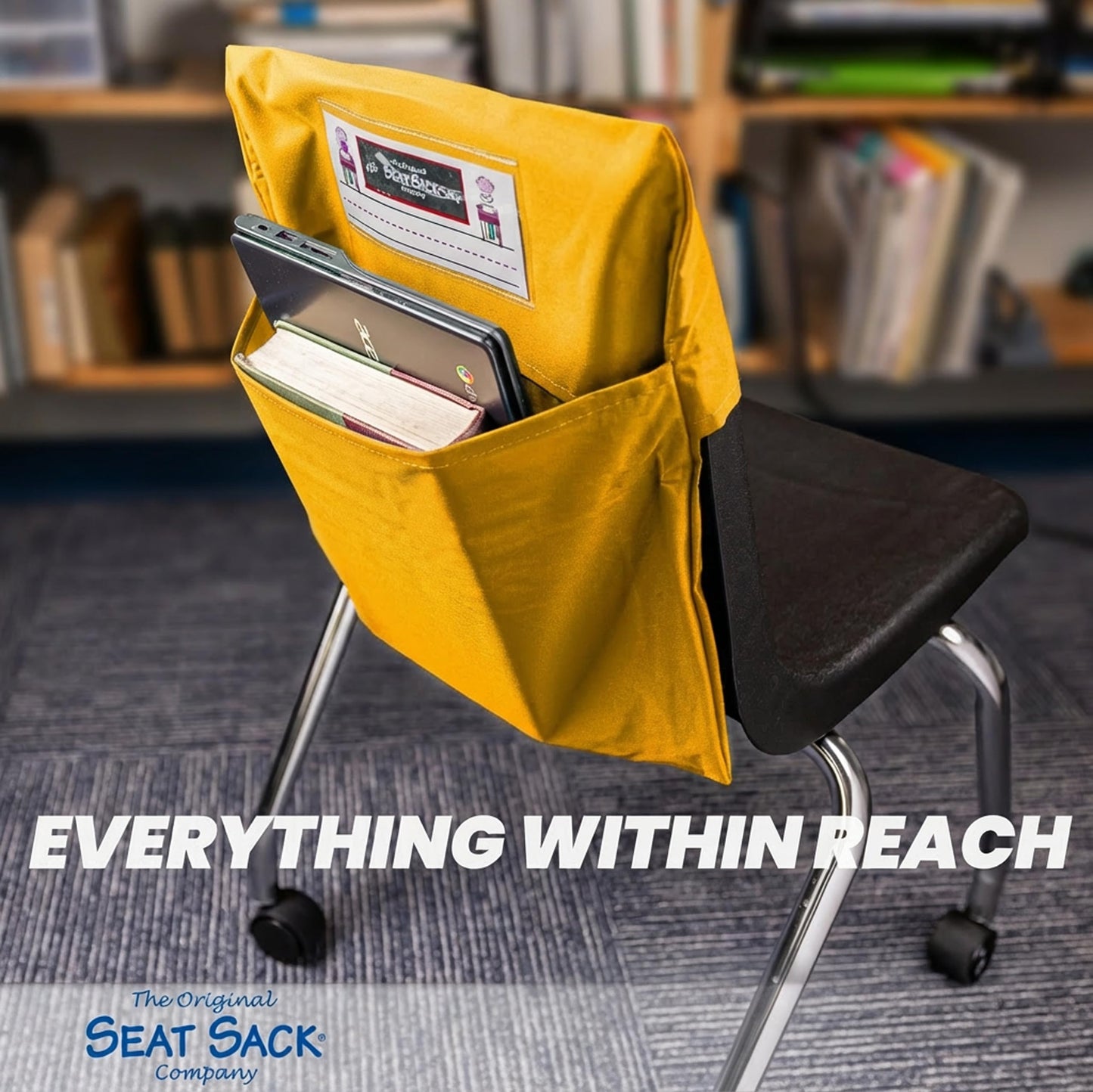 Seat Sack Student Chair Storage Pocket - 12", Classroom Chair Organizer for Student Desks, Durable Over-the-Chair Storage, Yellow, 1-Pack