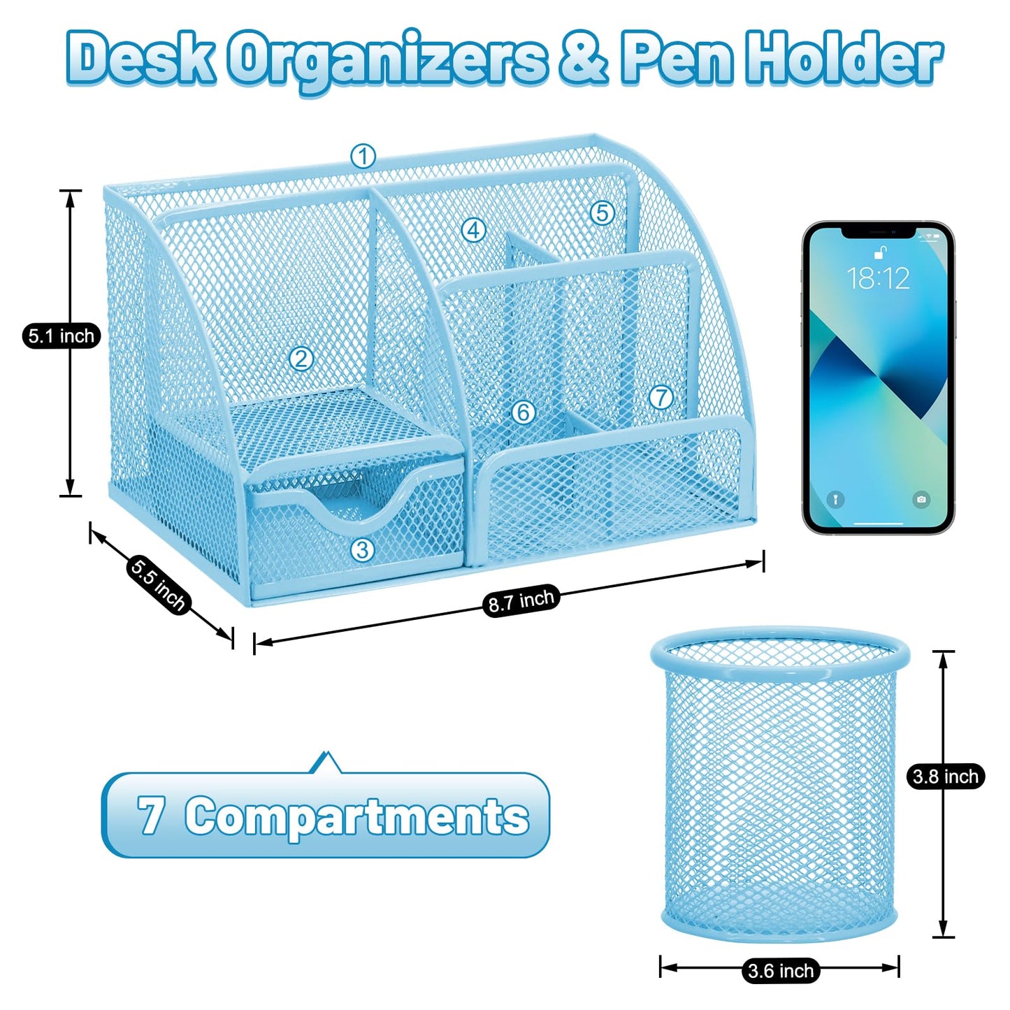 13-in-1 Office Desk Organizer Set with Stapler and Tape Dispenser, Pen Holder, Scissors, Ruler, Hole Punch, 2 Pens & More Desktop Accessories for Back to School Supplies (Blue)