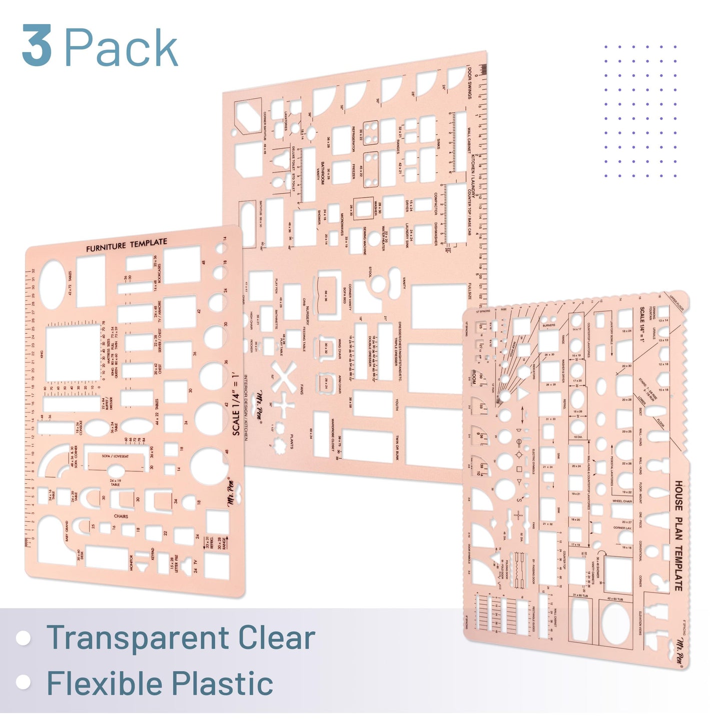 Mr. Pen- House Plan, 3 pcs, Interior Design and Furniture Templates, Clear Flexible Plastic, Drafting Tools, Ruler Shapes for Architecture, 1/4 Inch Scale, Kitchen, Bath, Bedroom, Office, Living Room