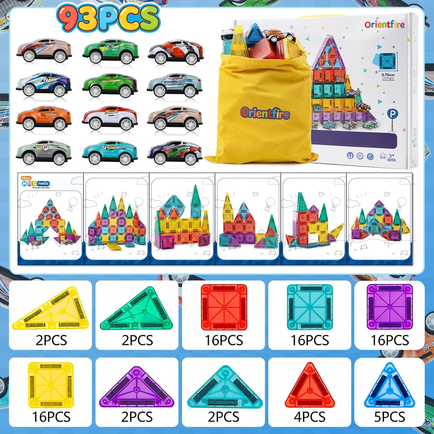 93 PCS Magnetic Tiles Mini Magnetic Building Tiles with Cars, Travel Magnetic Tiles with Storage Bag,STEM Toys for School Acitivities, Ideal Christmas Birthday Gifts for Boys Girls Age 3+ Years Old