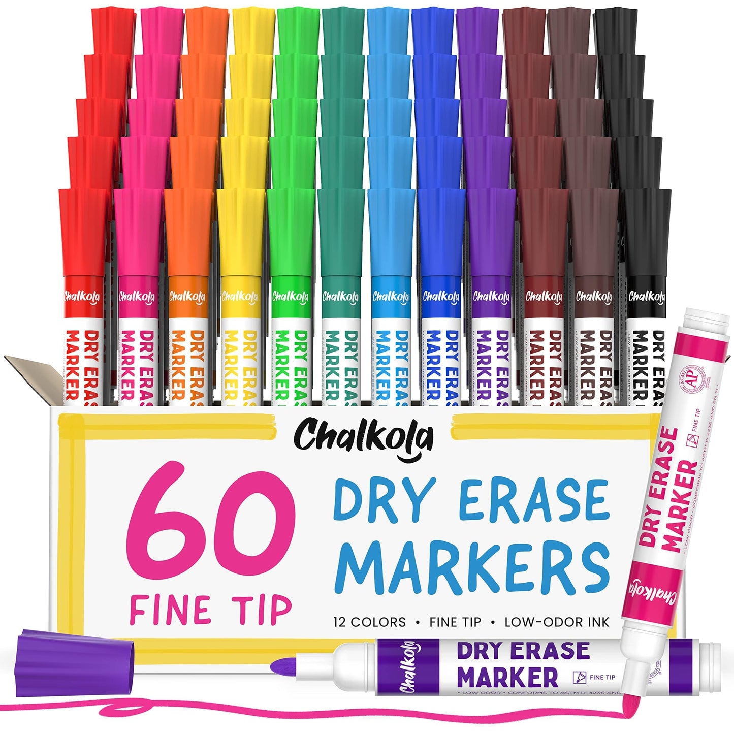 Chalkola Dry Erase Markers Fine Tip Bulk Pack of 60, Thin Point White Board Pens Dry Erase Pens - Non toxic, Low odor Whiteboard Markers for Kids, Teachers, Home, Office & Back to School Supplies