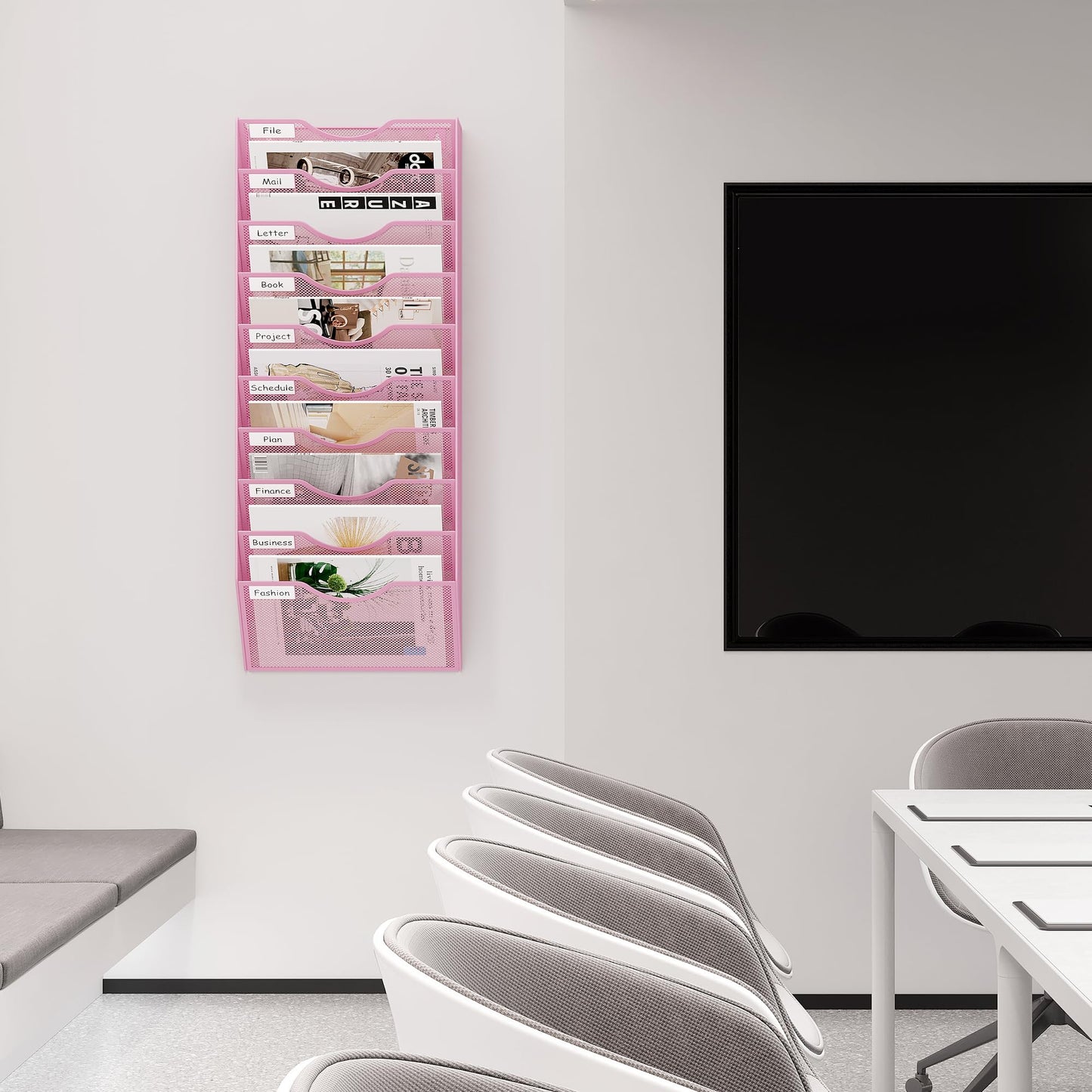 EasyPAG 10 Pocket Mesh Wall File Organizer, Hanging Paper Folder Holder with Classify Label, Vertical Wall Mount Mail Organizer for Office Home Classroom, Pink