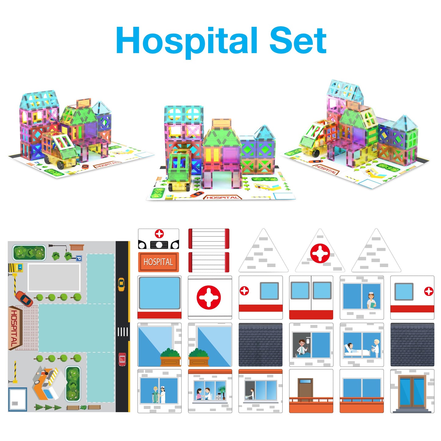 PicassoTiles 3-in-1 Theme Set School Hospital Police Station Magnet Self Adhesive Backing Stick-On Sheet Combo w/Car Magnet Building Block Playset STEM Learning Construction Brain Development Kit