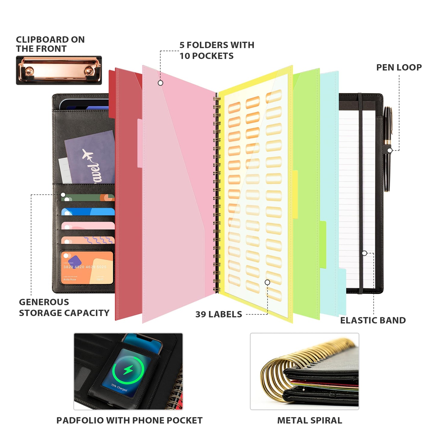 Ospelelf Clipboard with Storage for Men Women, Leather Padfolio Portfolio Organizer 5 Folders with 10 Pockets, Spiral Clipboard Folio with Notepad for Letter Size, Elastic Closure and Pen Loop Black