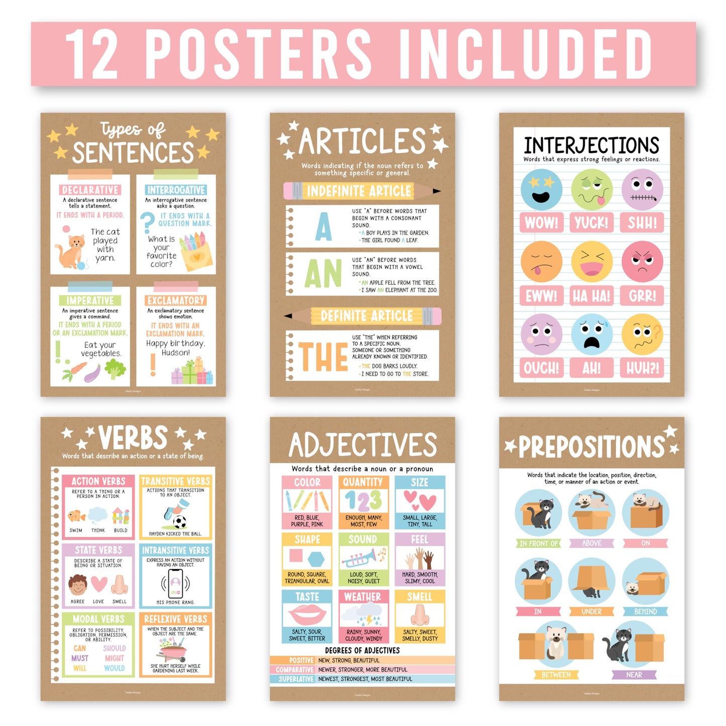 Parts of Speech Posters for Classroom Must Haves - 12 English Grammar Posters, Writing Process Language Arts for Homeschool, Elementary & Middle School, ELA 3rd 4th & 5th Grade Kraft Classroom Decor
