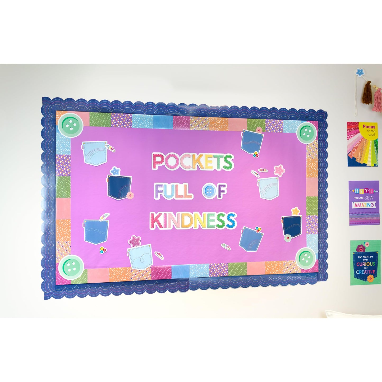 Carson Dellosa Crafty and Cool 58-Piece Pockets Full of Kindness Motivational Bulletin Board Set, Arts and Crafts Theme Growth Mindset Classroom Decor