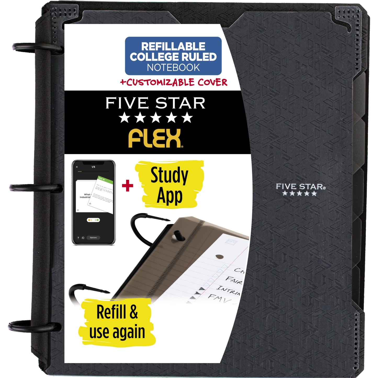 Five Star Flex Refillable Notebook + Study App, College Ruled Paper and 1 Inch TechLock Ring Binder with Customizable Cover, Pockets, Tabs and Dividers, 200 Sheet Capacity, Black (29326AA2)
