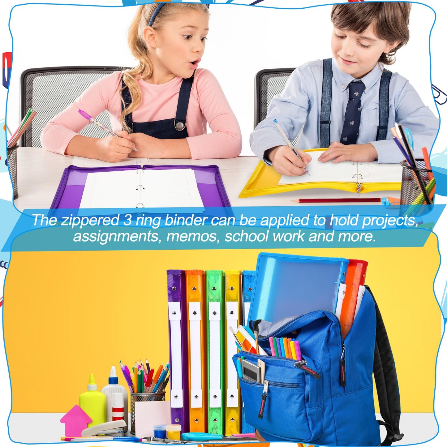 Fulmoon 6 Pack 1 Inch Zipper Binder, 3 Ring Binder with 2 Interior Pockets, Plastic Pencil Pouch, Expanding File Zippered Holds 8.5''x11'' for Projects, Assignments, Memos, School Work (Colorful)