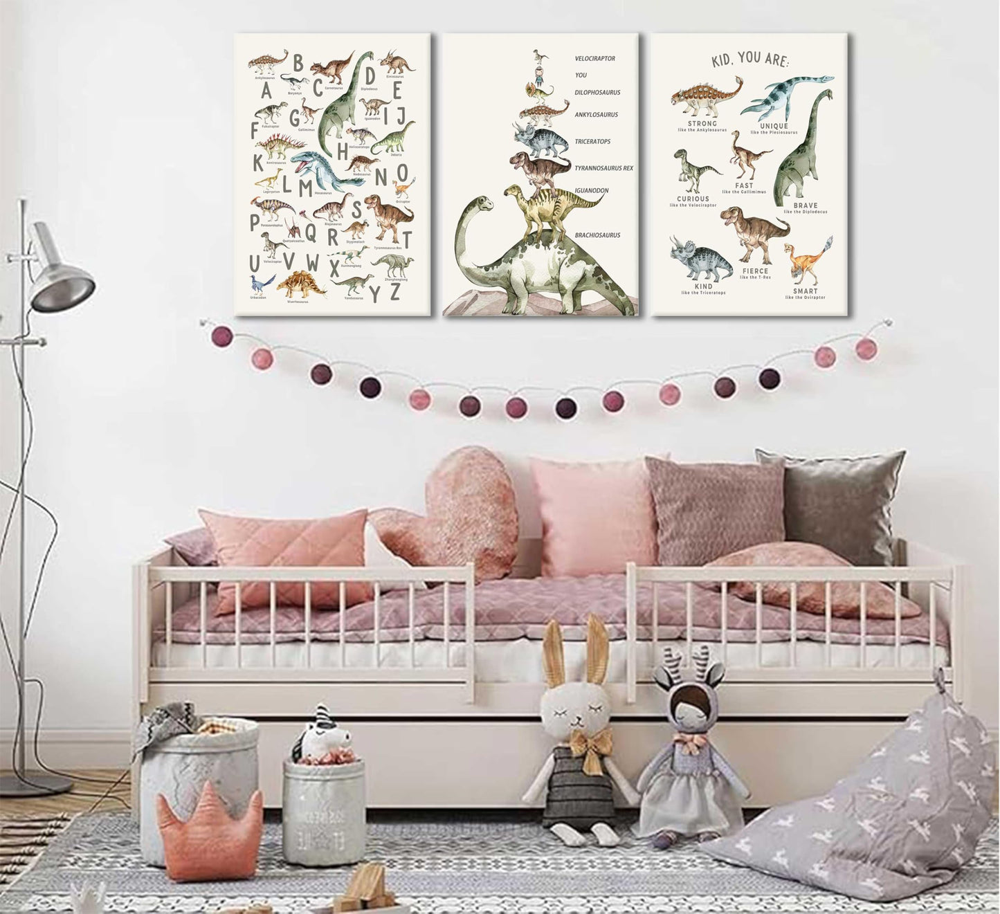 3Pcs Kids Dinosaur Species Canvas Wall Art Dinosaur Alphabet Painting Boys Room Wall Decor Tyrannosaurus Encyclopedia Educational Posters Prints Teen Cool Pictures for Home Classroom Nursery Framed