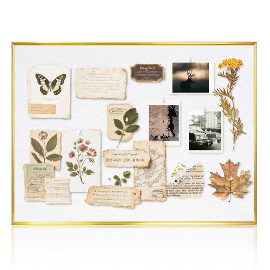 QUEENLINK Linen Bulletin Board 24 x18 Inches, White Pin Board Vision Board, Gold Aluminum Framed Fabric Cork Board for Home Office Wall Decor, 10 Push Pins