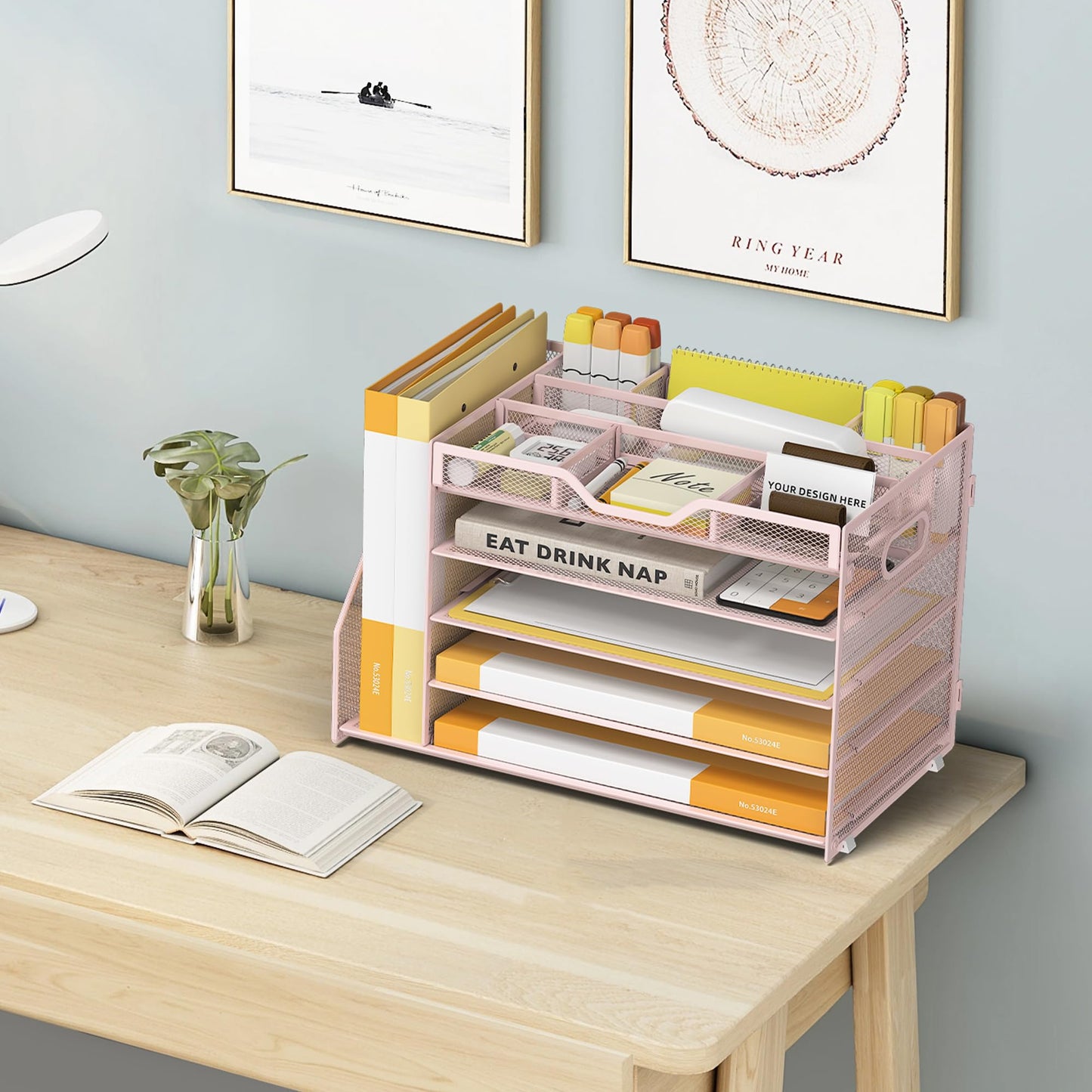 OrgMate 5 Tier Paper Letter Tray with File Holder and 3 Drop-in Pen Holders, Mesh Desk File Organizer with Handle, Desk Organizers and Accessories for School,Home, Office Supplies Storage-Pink