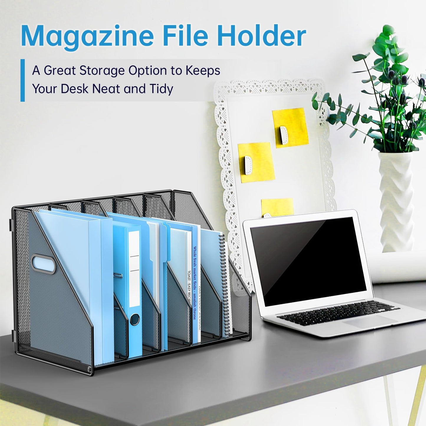 MINDEPOT Desk File Organizer Metal Desk Magazine Folder Holder with 5 Vertical Compartments Rack File Organizer for Office, Home, School, Black