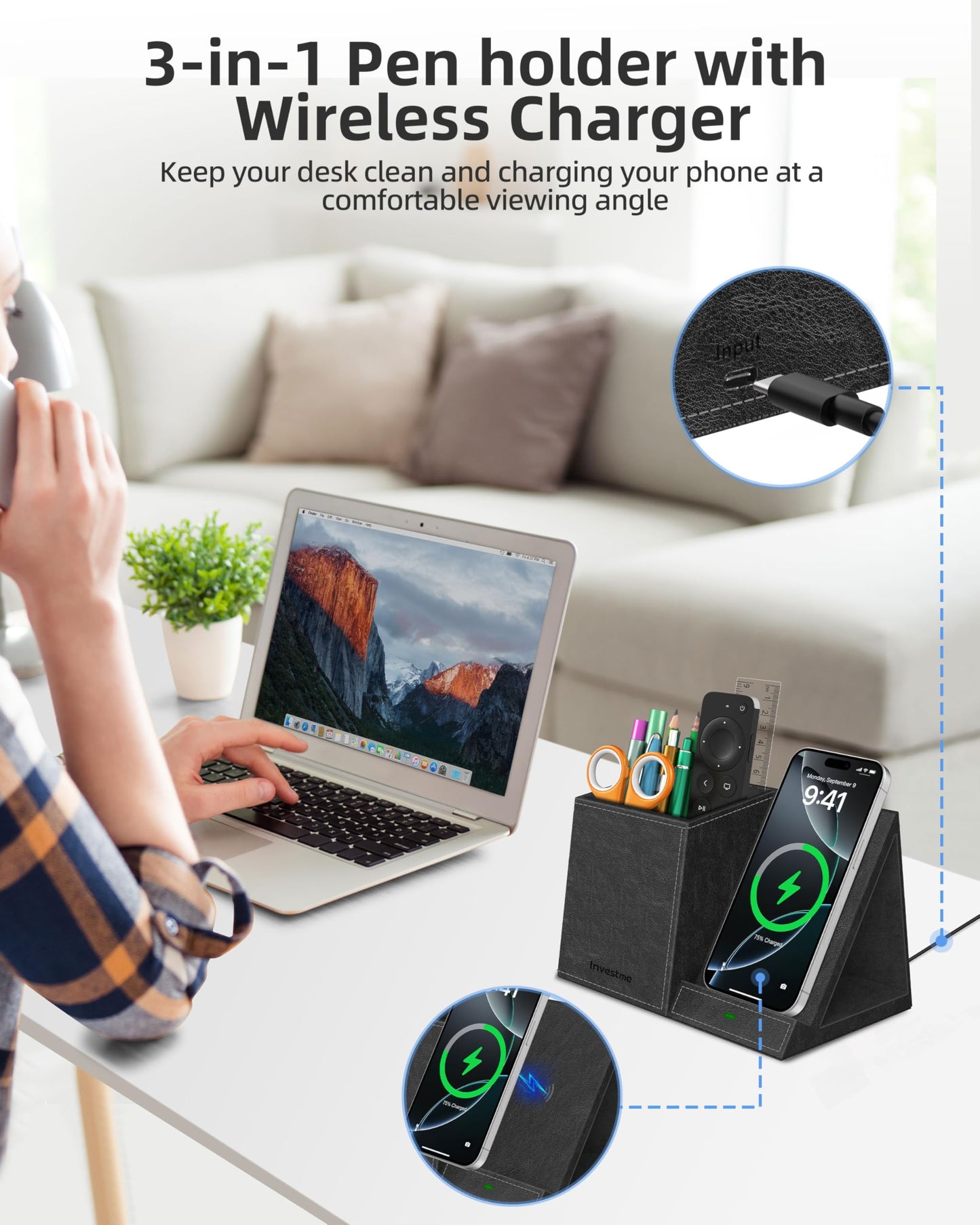 Investme Pen Holder with Wireless Charger, Pencil Holder for Desk, Multi-Functional Desktop Organizer, Desk Organizers and Accessories for Home School Office Supplies, PU Leather Black