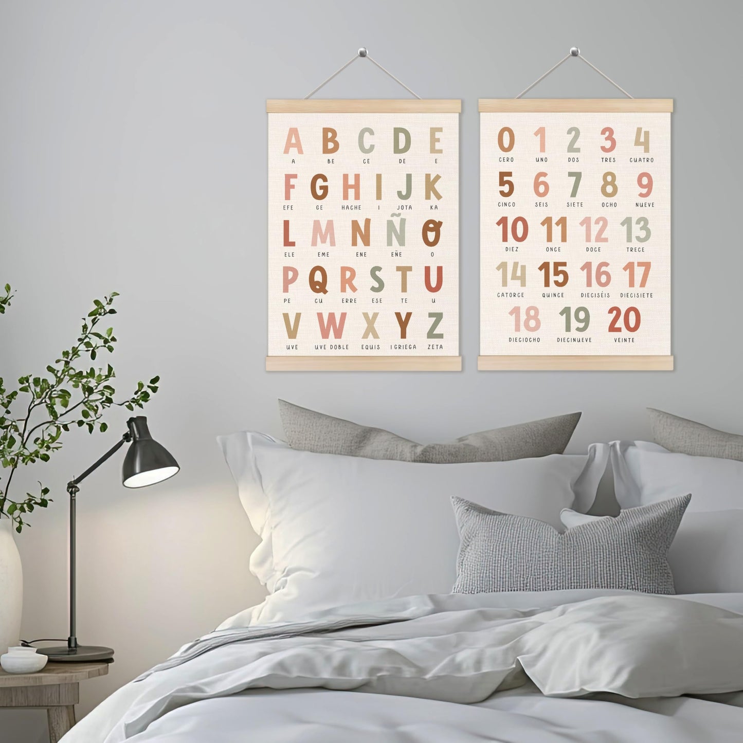 Alphabet Numbers Poster Hanger Frame Set of 2, Nursery Wall Decor, Boho ABC Poster Wall Art with Wooden Frames, Alphabet Banner Wall Hanging Decor for Boy Toddler Room Playroom, 12x16 Inch