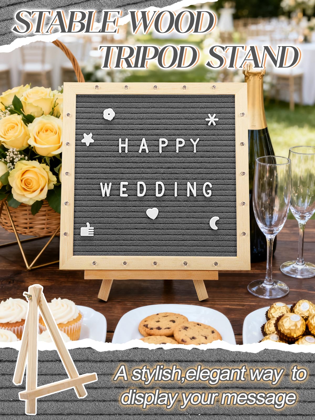 Felt Letter Board with LED Lights - 10 ×10" Custom Message Board with Changeable Letters & Stand, First Day of School Sign/Graduation/Pregnancy/Baby Announcement/Wedding/Classroom Decor, Grey