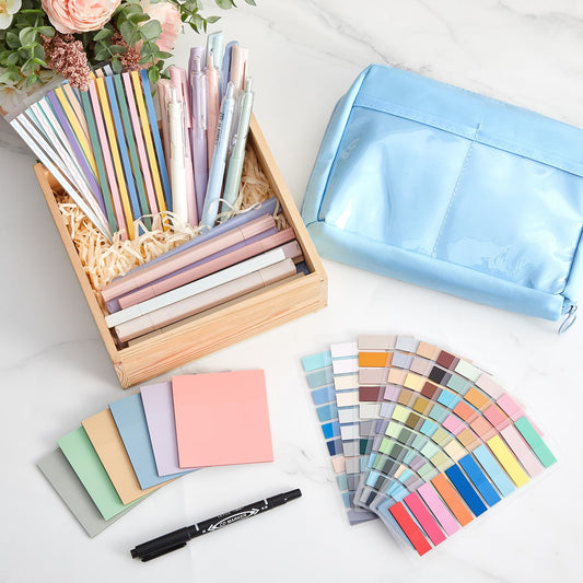 Trandraft 135 Pcs Book Annotation Kit with Pencil Case, 12 Pastel Highlighters, 11 Gel Pens, Fine Marker, 300 Transparent Sticky Notes, 2640 Index Tabs, Bible Study Supplies Kit(Kawaii,Blue)