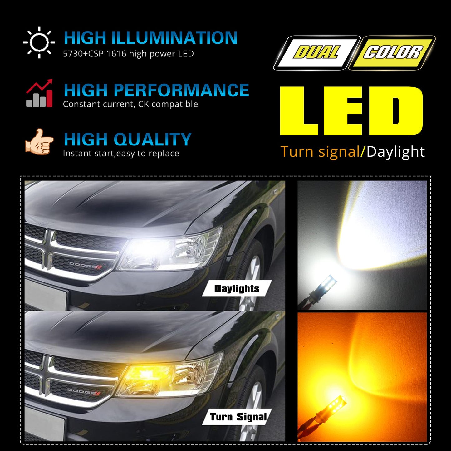Alla Lighting 7443 Switchback LED Bulbs, Dual-Color Amber Yellow & Xenon White, T20 7443 7444, Model Alla-7443-5730+1616