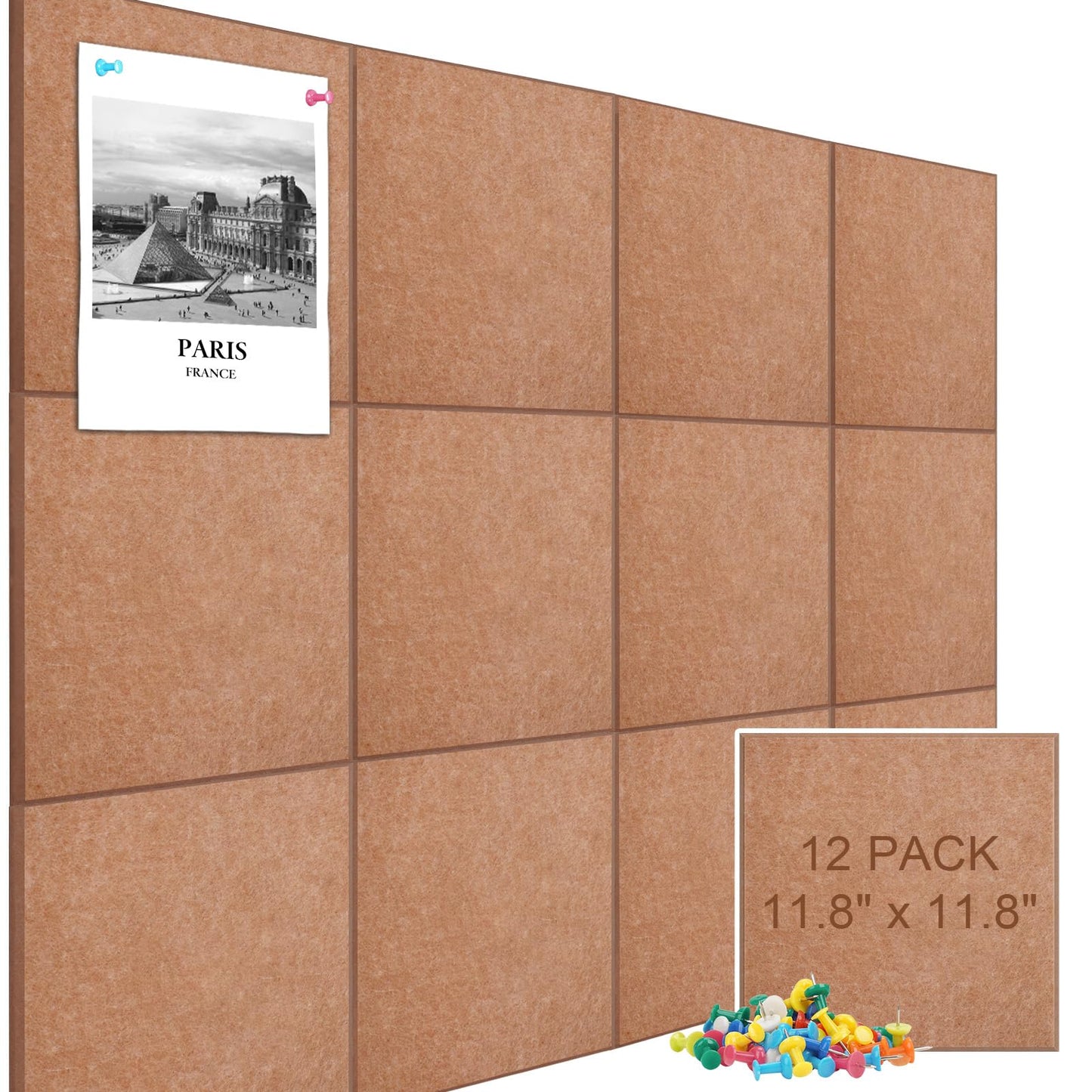 Large Cork Board Alternative 48" X 36" Bulletin Board - 12 Pack Removable Felt Wall Tiles with 30 pushpins, Large Cork Boards for Walls Cork Board for Office Pin Board Tack Board - Mauvey Pink