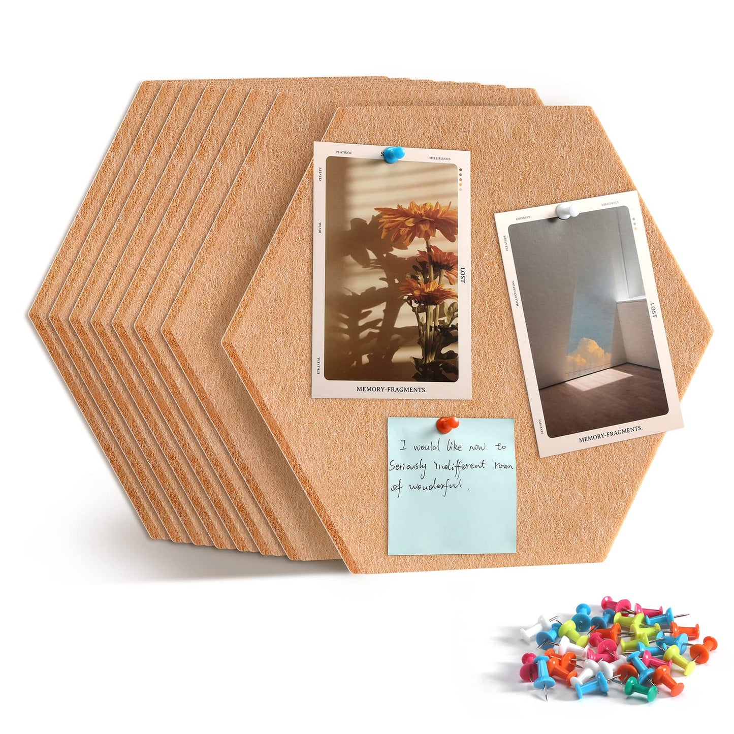 Uoisaiko 12" Large Bulletin Board with 30 Push Pins, Pack of 8 Hexagon Felt Pin Board Notice Boards for Home Office, Felt Wall Tiles for Photos Memos (Brown)