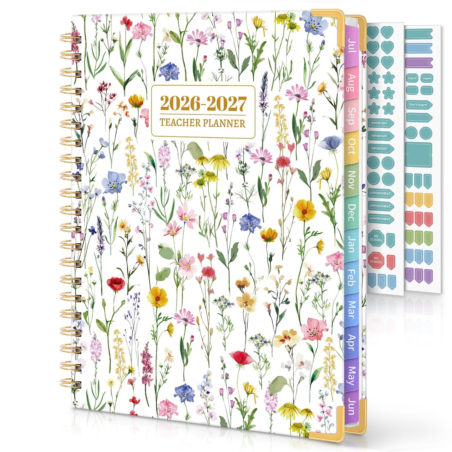 SKYDUE Teacher Planner 2026-2027 Academic Year, 8.5" x 11" Deluxe Teacher Lesson Planner with Monthly Tabs & Stickers, Lesson Plan Book 26-27, FloralA