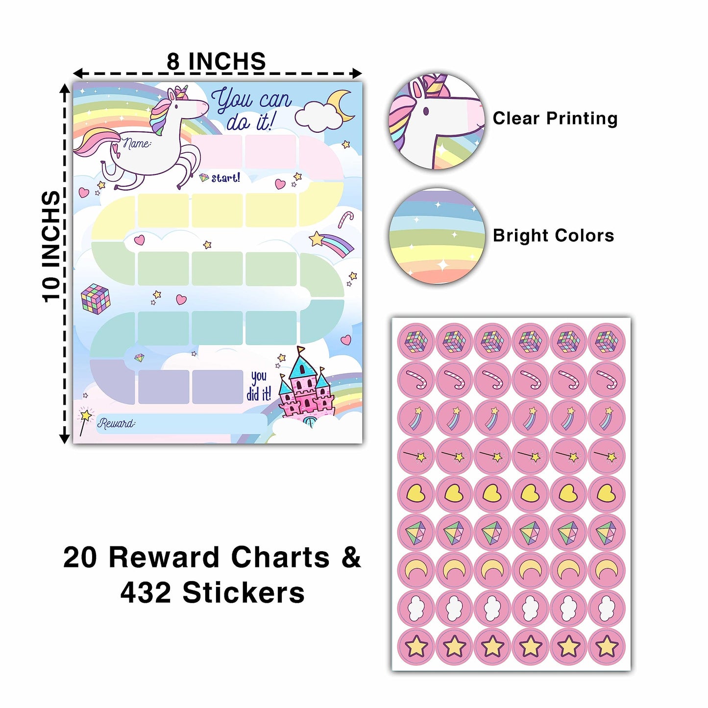 20 Unicorn Reward Chart with 432 Round Stickers, Incentive Behavior Chart for Kids at Home Classroom, Kids Routine Daily Chore Sticker Chart-B01
