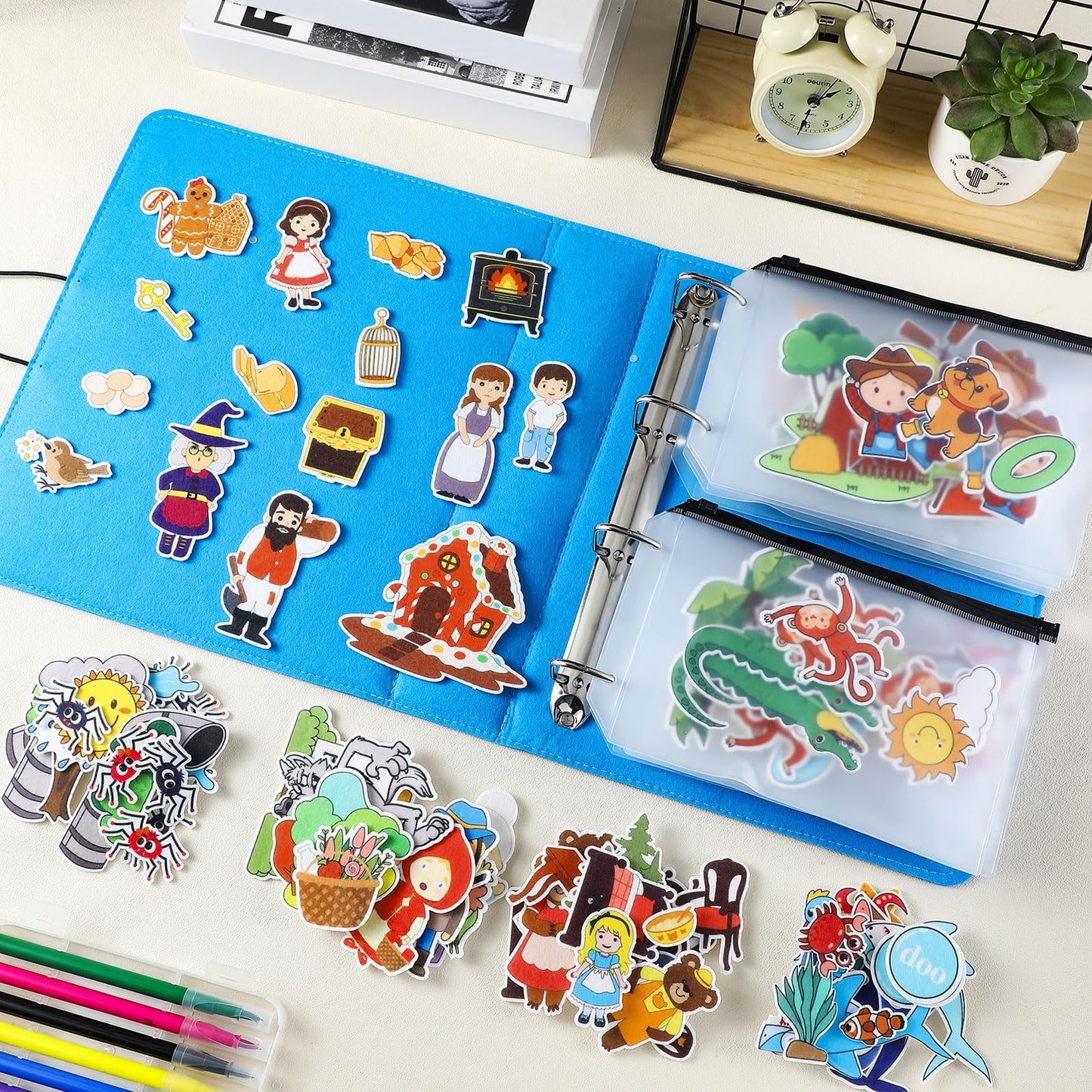Windkream 16 Pack Felt Board Story Sets Flannel Felt Story Board Pieces with a Multi Functional Pieces Storage Binder and 16 Pcs Pocket for Activities Time(Fairy Stories)