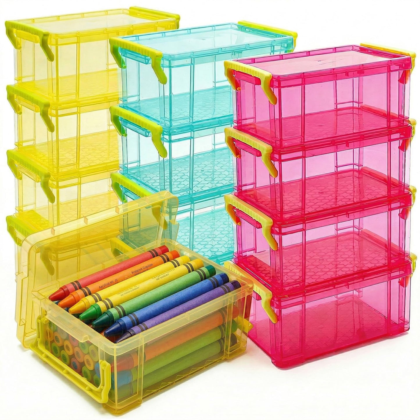 Nicunom 12 Pack Stackable Small Storage Containers with Latching Lids, Clear Plastic Craft Organizer Boxes Bulk for Crayons, Pencils, Art, Craft, Hobby, School Supply, 3 Colors, 5.2x3.9x2.4 Inch