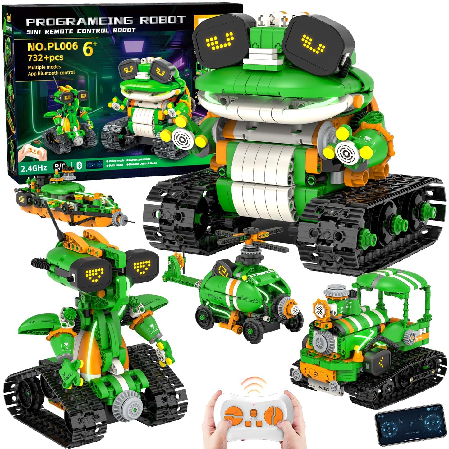 QHECTTY STEM Robot Building Kits for Kids 6-14, 5in1 Remote & APP Controlled STEM Tractor/Frog/Robot Building Toys, 732 Pcs Educational Building Block Sets for Kids, Erector Sets Gifts for Boys Girls