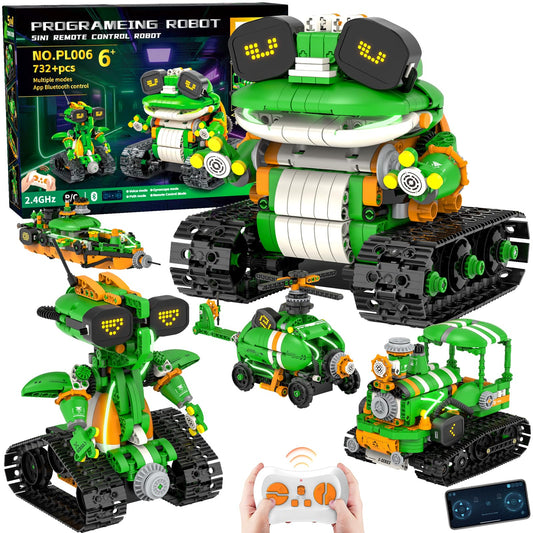 QHECTTY STEM Robot Building Kits for Kids 6-14, 5in1 Remote & APP Controlled STEM Tractor/Frog/Robot Building Toys, 732 Pcs Educational Building Block Sets for Kids, Erector Sets Gifts for Boys Girls