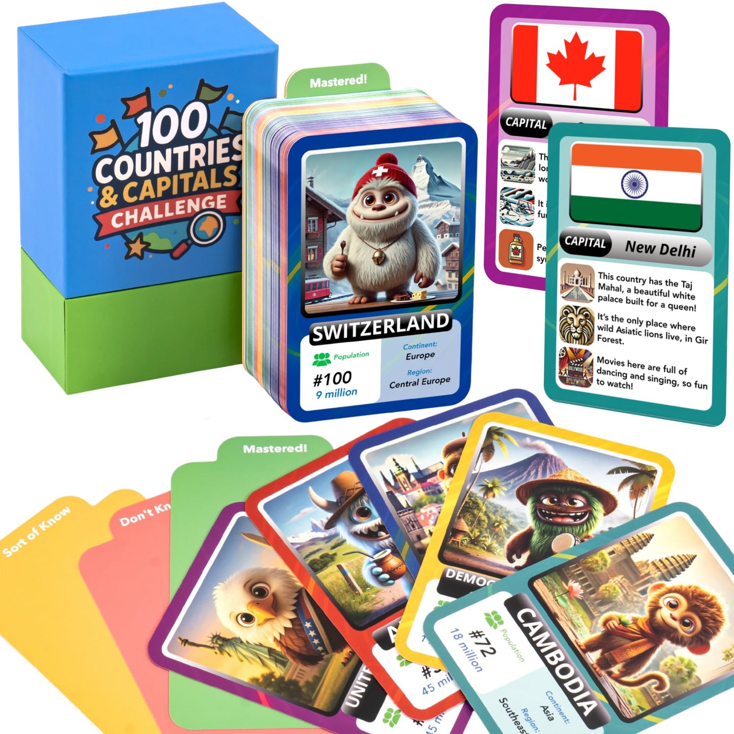 Countries, Capitals & Flags Flash Cards – Geography Learning Game for Kids – Educational Card Set for Classroom, Homeschool & ESL – World Facts, Memory Game – Ages 6+
