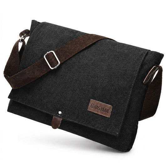 Cota's home Mens Canvas Messenger Bag, Satchel Bag for Men, Fits 14" Laptop, Compact Work Bag for Office & Travel (Black)