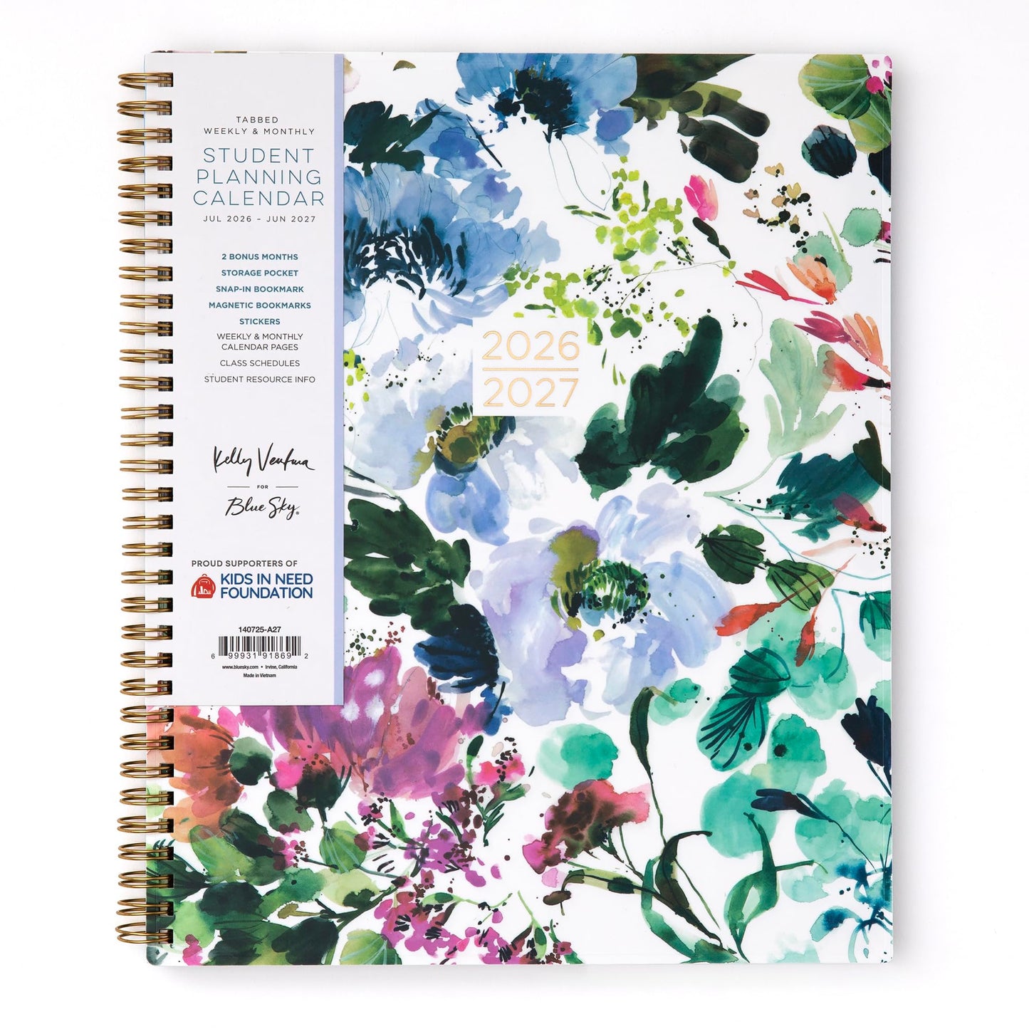 Blue Sky Kelly Ventura 2026-2027 Weekly and Monthly Academic Year Student Planning Calendar, July 2026 - June 2027, 8.5" x 11", Flexible Cover, Wirebound, Laminated Tabs, Storage Pocket, Magnetic & Snap In Book Marks, Includes Stickers, Blooming