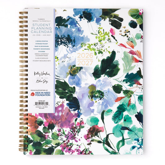 Blue Sky Kelly Ventura 2026-2027 Weekly and Monthly Academic Year Student Planning Calendar, July 2026 - June 2027, 8.5" x 11", Flexible Cover, Wirebound, Laminated Tabs, Storage Pocket, Magnetic & Snap In Book Marks, Includes Stickers, Blooming