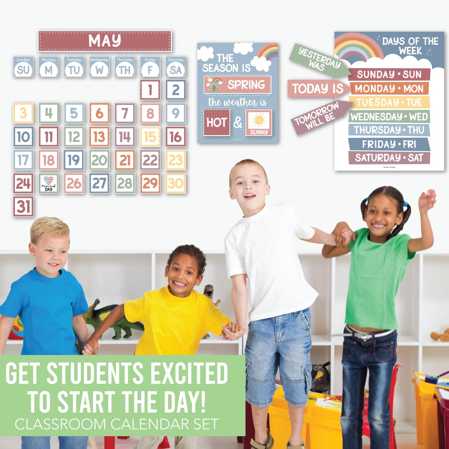 Hadley Designs Classroom Calendar Set Bulletin Board Decorations - Boho School Calendar for Classroom Decor, Kindergarten Preschool Elementary Teacher Must Haves, Homeschool & Daycare Essentials