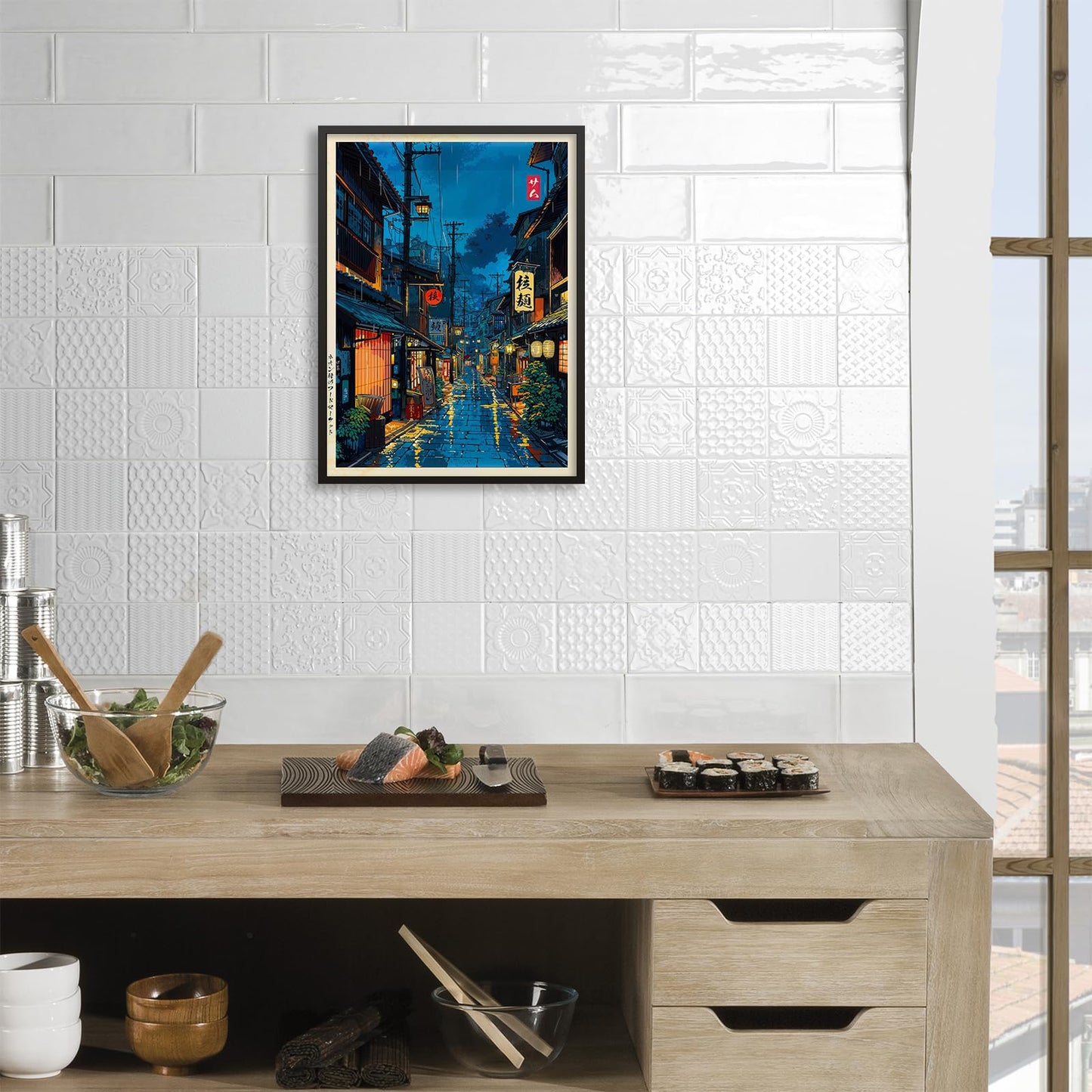 Japanese Tokyo Tea House Canvas Wall Art Japanese City Street Cafe Scene Picture Print Modern Ukiyo-e Decor Poster for Japanese Home Bedroom Decorations Artwork12x16in Black Framed