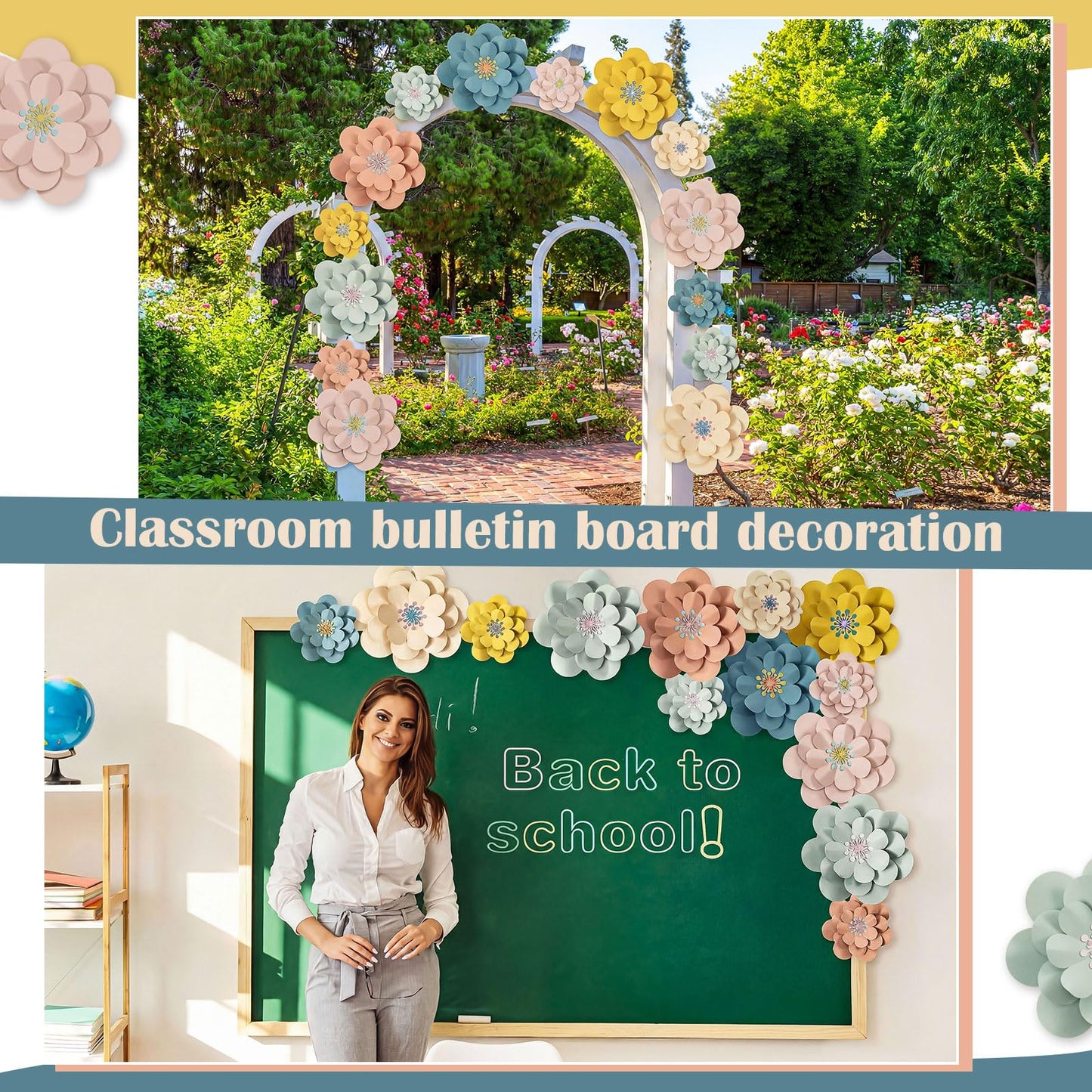 Mooliwe Paper Flowers Decorations for Wall DIY 3D Paper Bulletin Board Mexican Flowers Backdrop Decoration for Classroom Back to School Holiday Party(Morandi,12 Set)