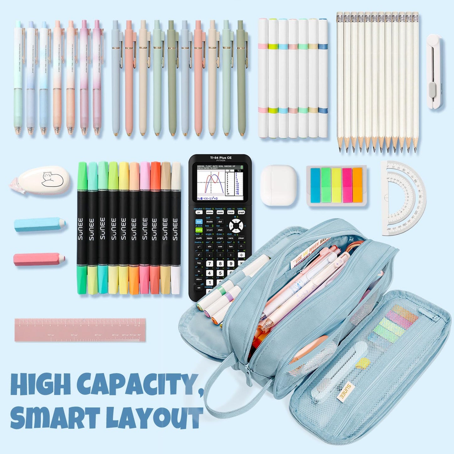 SUNEE Large Capacity Pencil Case with 3 Compartment, Extra Big Pencil Pouch, Pencil Bag with Zipper, Cute High Stationery Organizer, Oxford Pen Box School Supplies for Student Teen Girls Boys, Blue