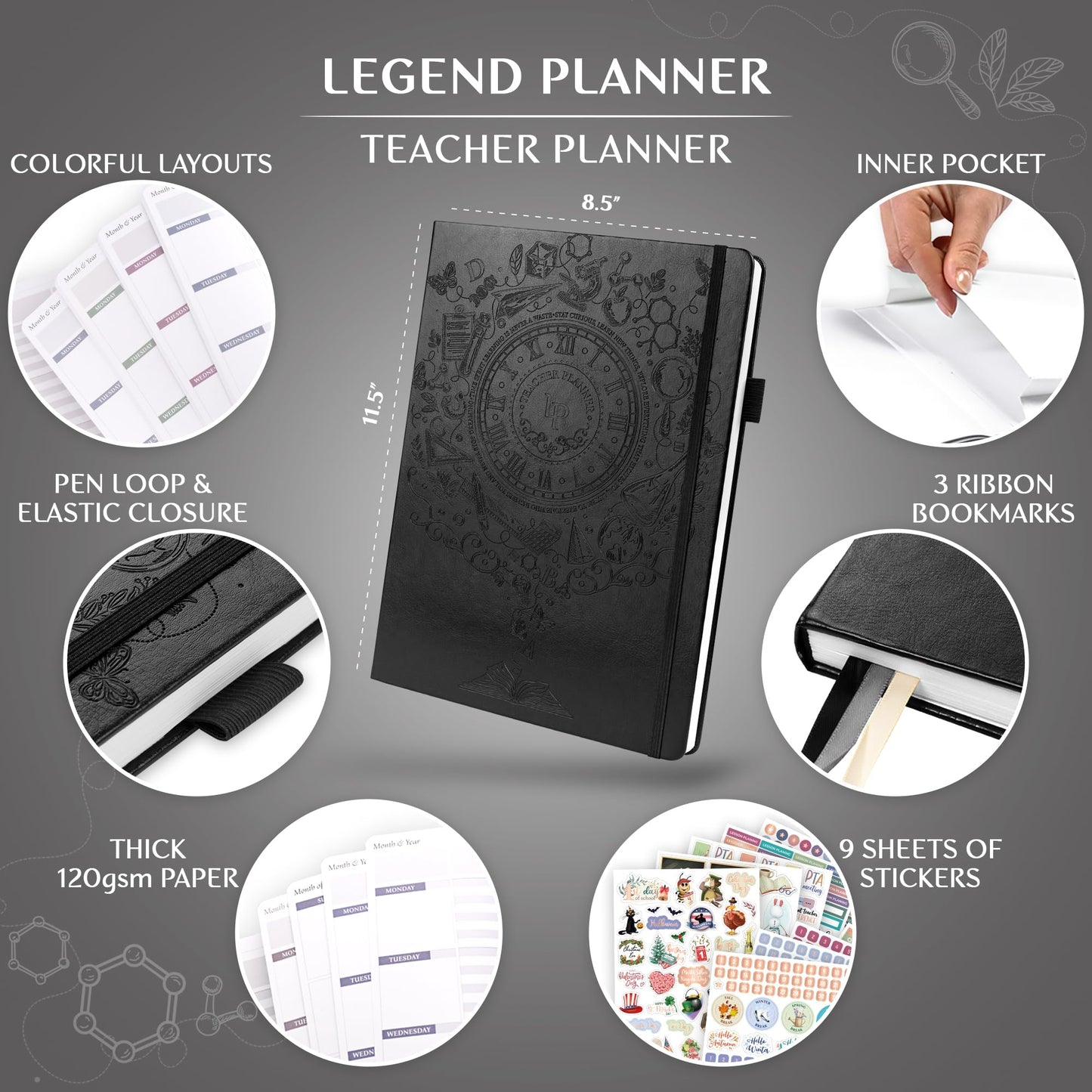 Legend Teacher Planner – Undated Lesson Plan Book for Teachers with Weekly & Monthly Calendars - Classroom Organization & School Year Planner – 8.5”x11.5” Hardcover (Black Debossed)