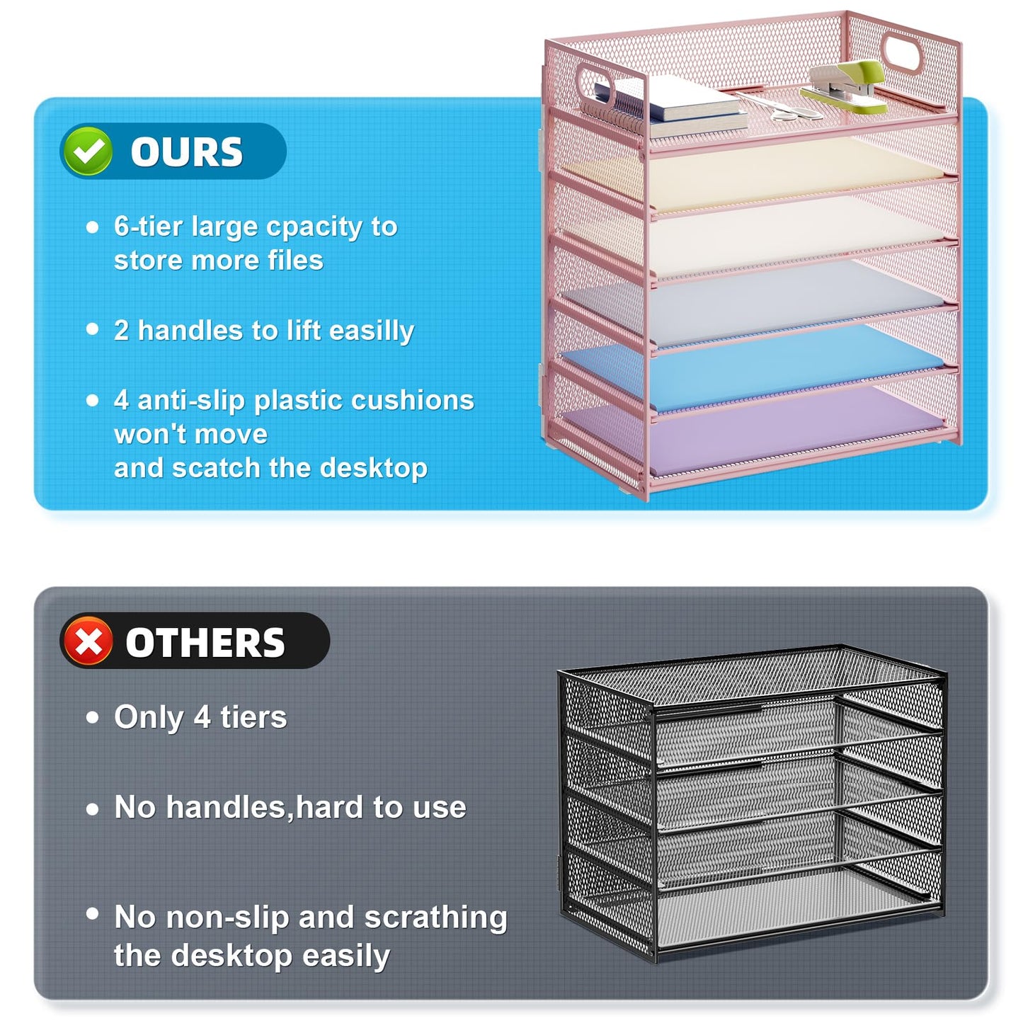 Marbrasse 6 Tier Paper Organizer Letter Tray - Mesh Desk File Organizer with Handle, Paper Sorter for Letter/A4 Office File Folder Holder -Pink