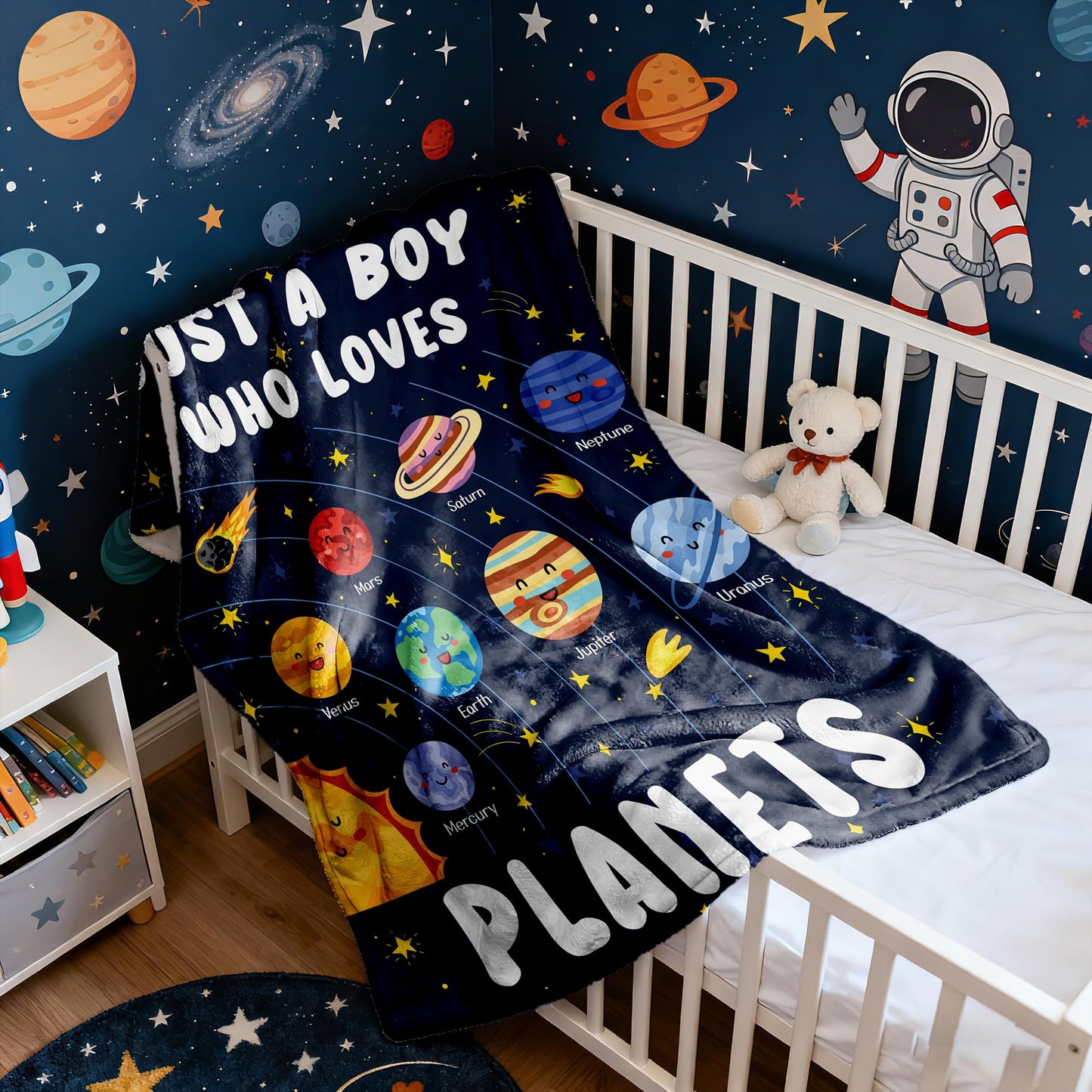 ARTBLANKET Just A Boy Who Loves Planets Solar System Space Throw Blanket Fannel Fleece Super Soft Funny Blanket Travel Throw Blanket for Bed Couch Sofa 40 x 30 Inch for Baby